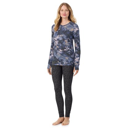 Multi Blue Texture; Model is wearing size S. She is 5'11", Bust 33", Waist 24", Hips 34".@ A Lady is wearing Multi Blue Texture Soft Knit Long Sleeve Crew