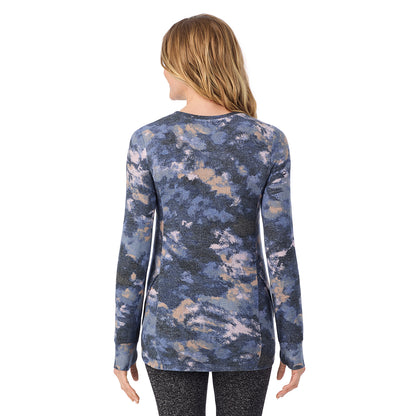 Multi Blue Texture; Model is wearing size S. She is 5'11", Bust 33", Waist 24", Hips 34".@ A Lady is wearing Multi Blue Texture Soft Knit Long Sleeve Crew