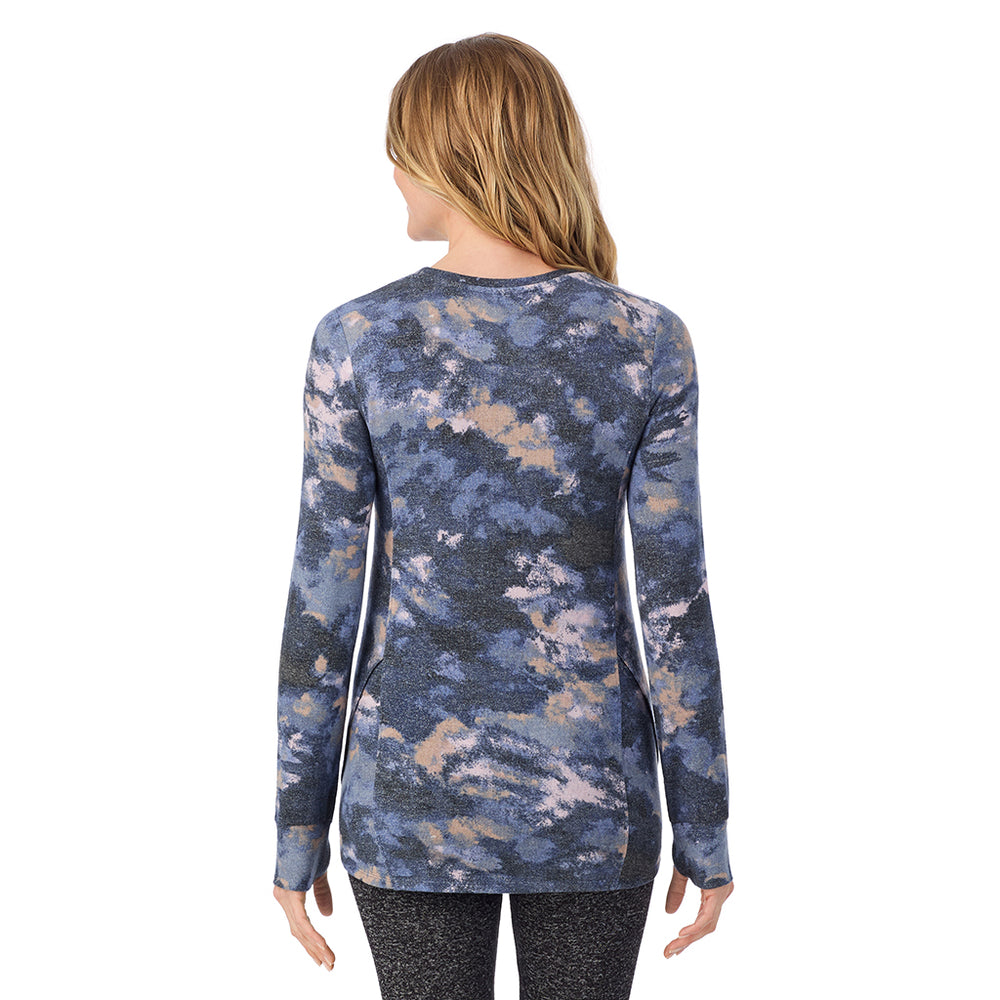 A Lady is wearing Multi Blue Texture Soft Knit Long Sleeve Crew