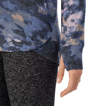 Multi Blue Texture; Model is wearing size S. She is 5'11", Bust 33", Waist 24", Hips 34".@ A Lady is wearing Multi Blue Texture Soft Knit Long Sleeve Crew