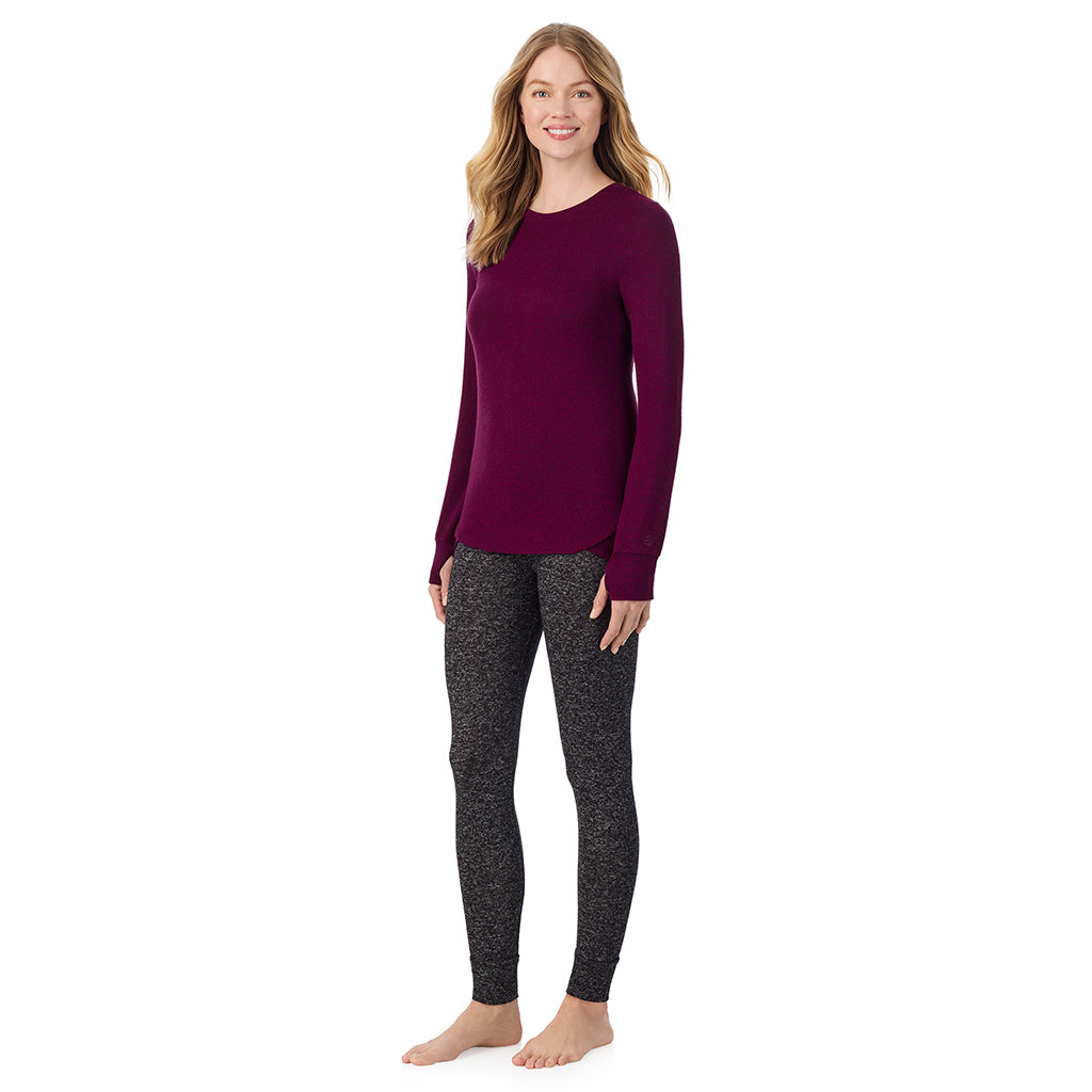  A Lady is wearing Marled Dark Purple Soft Knit Long Sleeve Crew