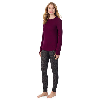 Marled Dark Purple; Model is wearing size S. She is 5'11", Bust 33", Waist 24", Hips 34".@ A Lady is wearing Marled Dark Purple Soft Knit Long Sleeve Crew