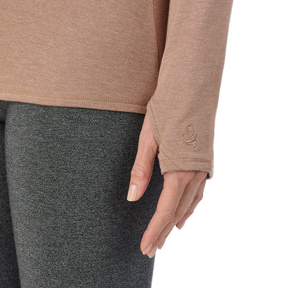 Walnut Taupe Heather; Model is wearing size S. She is 5'11", Bust 33", Waist 24", Hips 34".@ A Lady is wearing Ultra Cozy Long Sleeve Crew