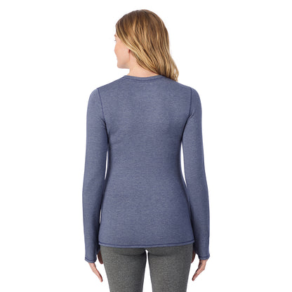 Twilight Blue Heather; Model is wearing size S. She is 5'11", Bust 33", Waist 24", Hips 34".@ A Lady is wearing Ultra Cozy Long Sleeve Crew