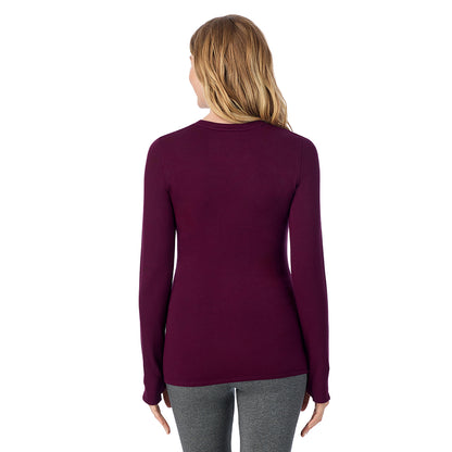 Dark Purple Heather; Model is wearing size S. She is 5'11", Bust 33", Waist 24", Hips 34".@ A Lady is wearing Ultra Cozy Long Sleeve Crew