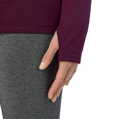 Dark Purple Heather; Model is wearing size S. She is 5'11", Bust 33", Waist 24", Hips 34".@ A Lady is wearing Ultra Cozy Long Sleeve Crew