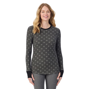 A lady wearing Grey Snowflake Cozy Stretch Thermal Long Sleeve Crew