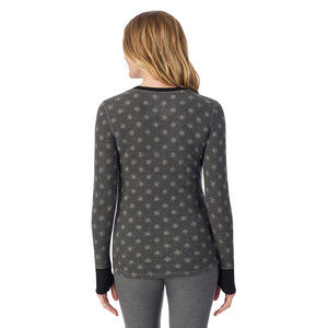 A lady wearing Grey Snowflake Cozy Stretch Thermal Long Sleeve Crew