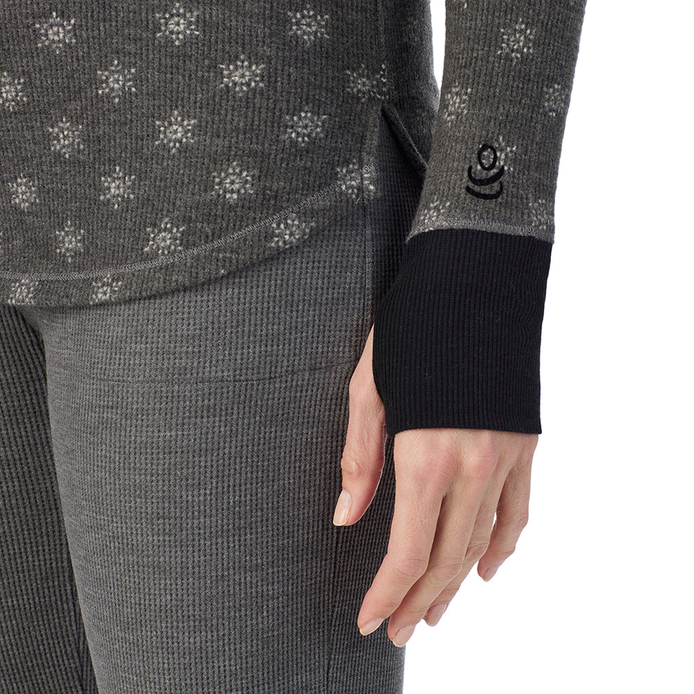 A lady wearing Grey Snowflake Cozy Stretch Thermal Long Sleeve Crew