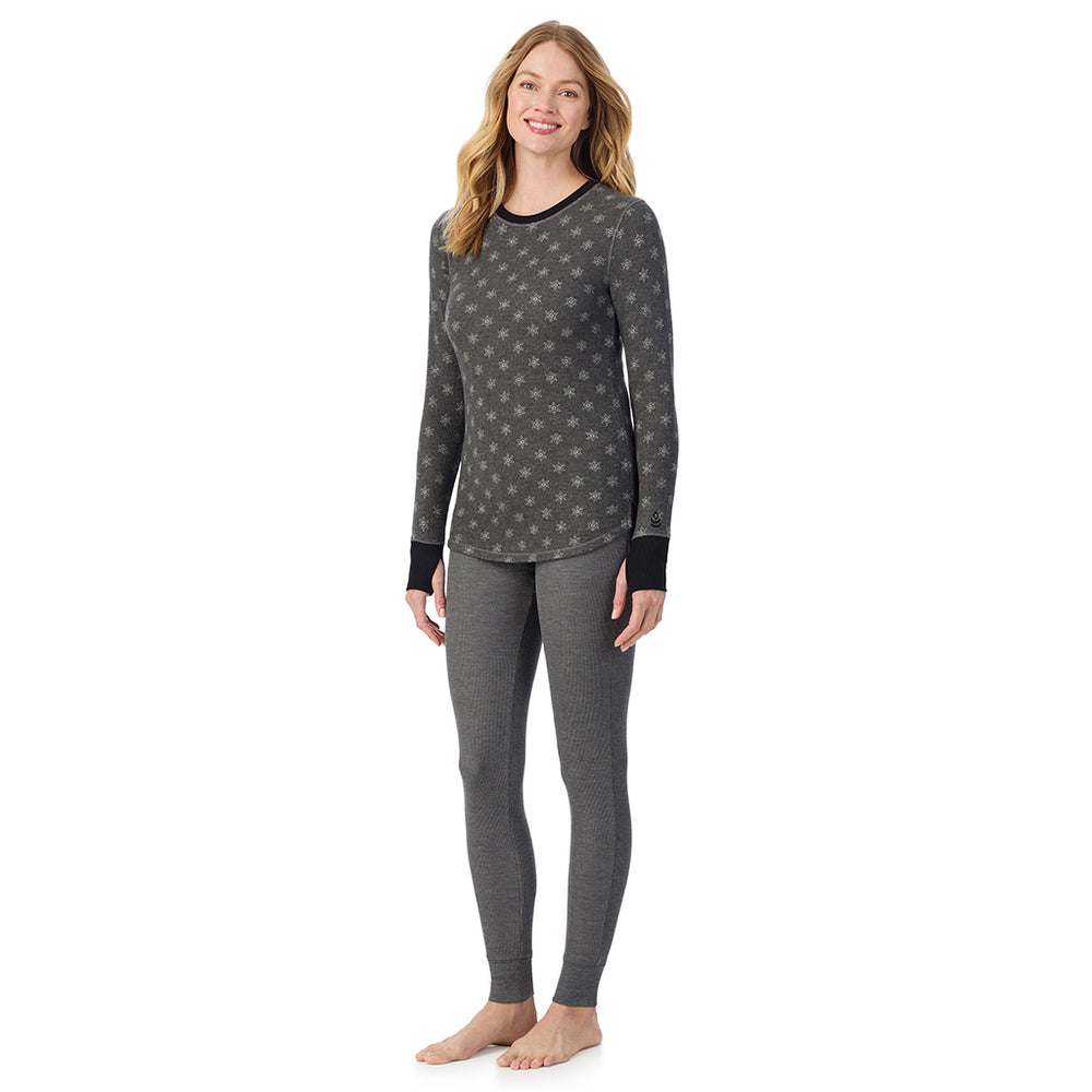 A lady wearing Grey Snowflake Cozy Stretch Thermal Long Sleeve Crew