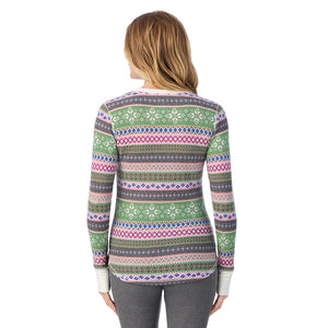 A lady wearing Cozy Stretch Thermal Long Sleeve Crew