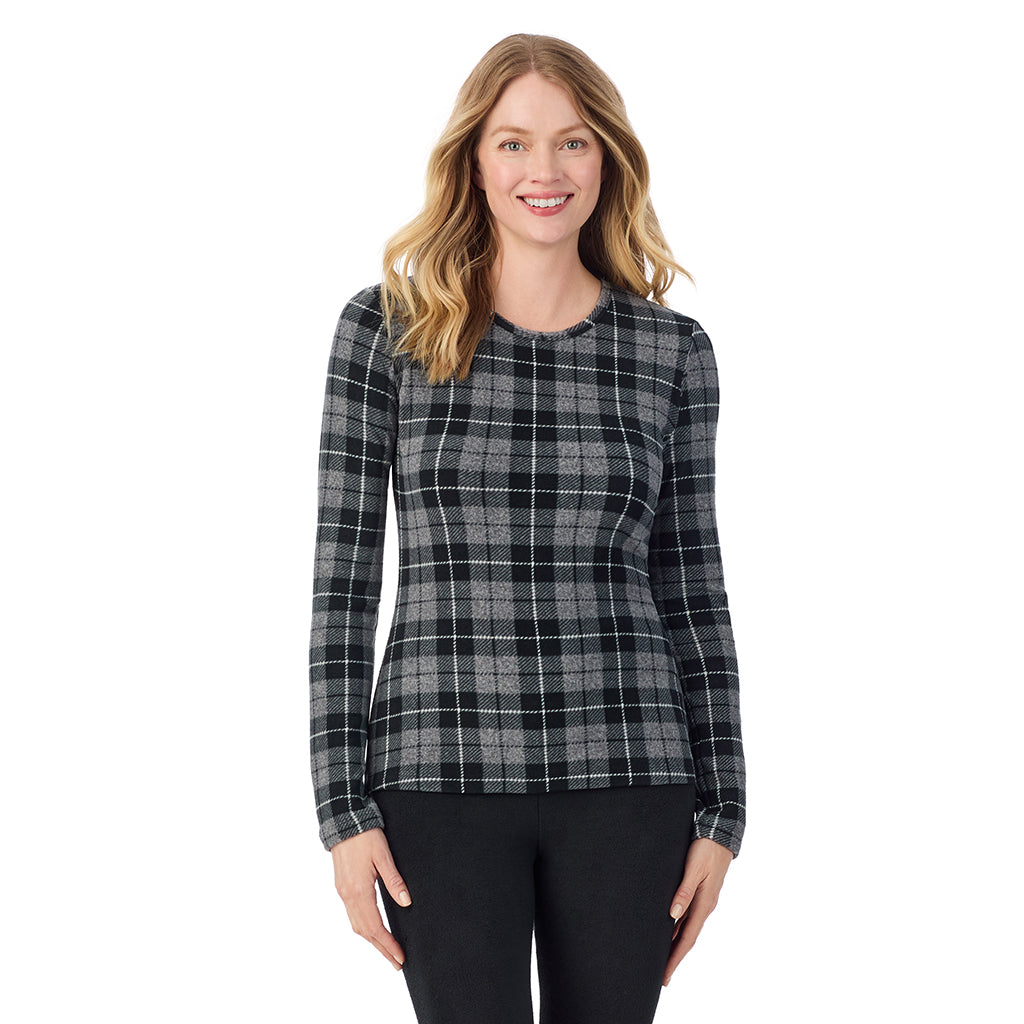 Charcoal Heather Tartan; Model is wearing size S. She is 5'11", Bust 33", Waist 24", Hips 34".@A lady wearing Charcoal Heather Tartan long sleeve crew
