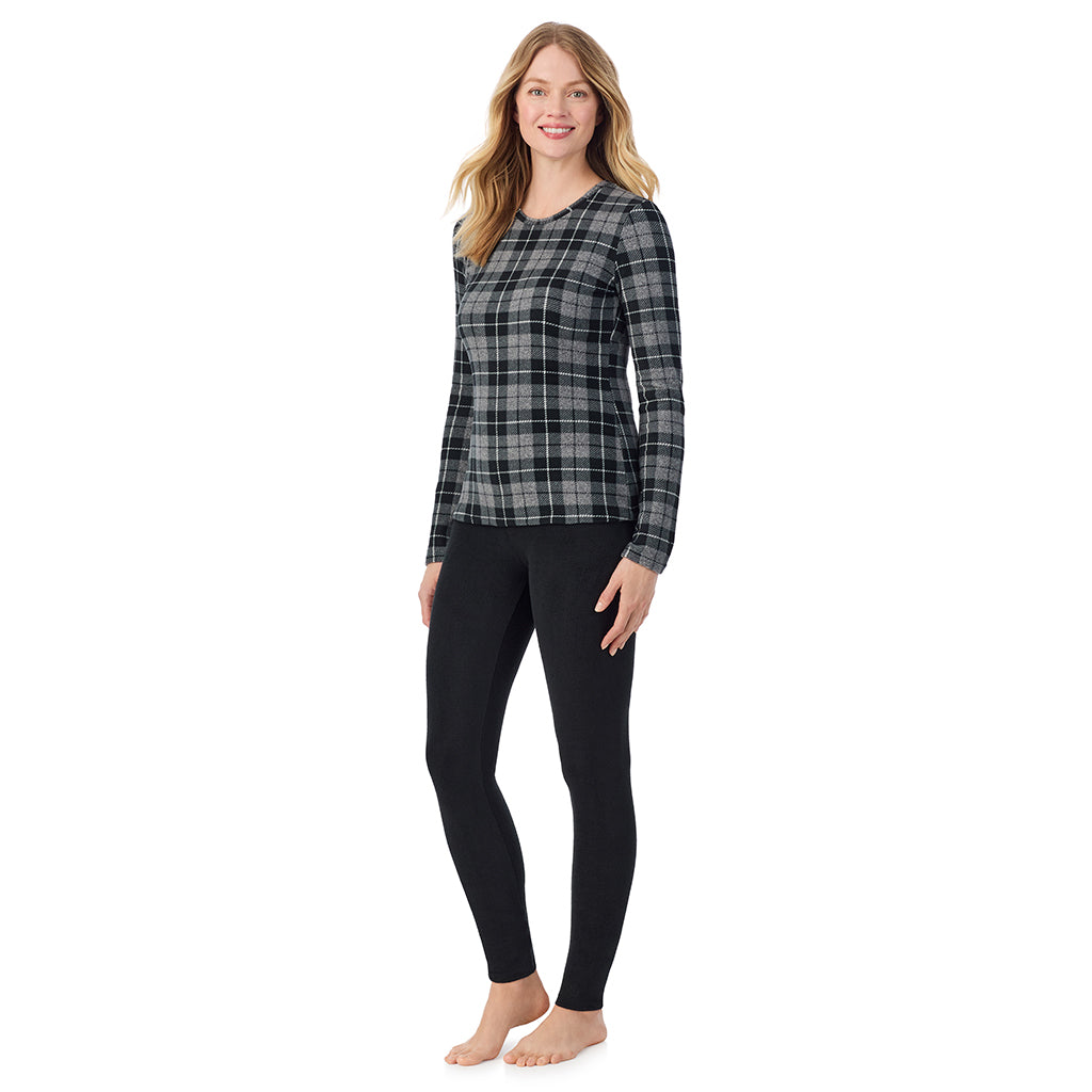 A lady wearing Charcoal Heather Tartan long sleeve crew