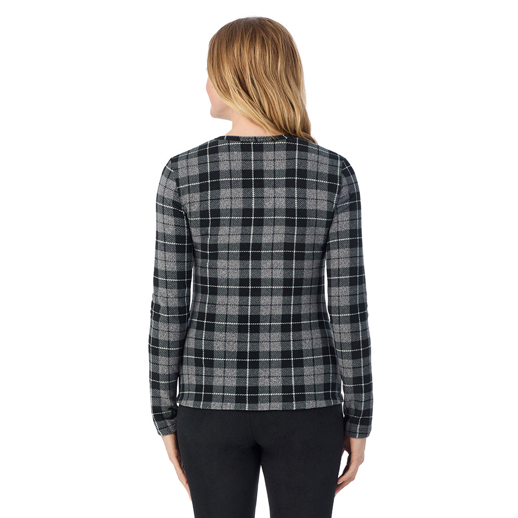A lady wearing Charcoal Heather Tartan long sleeve crew