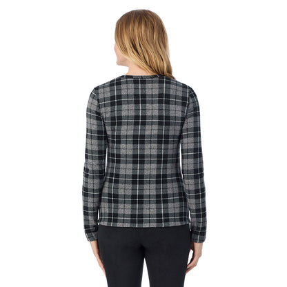 Charcoal Heather Tartan; Model is wearing size S. She is 5'11", Bust 33", Waist 24", Hips 34".@A lady wearing Charcoal Heather Tartan long sleeve crew