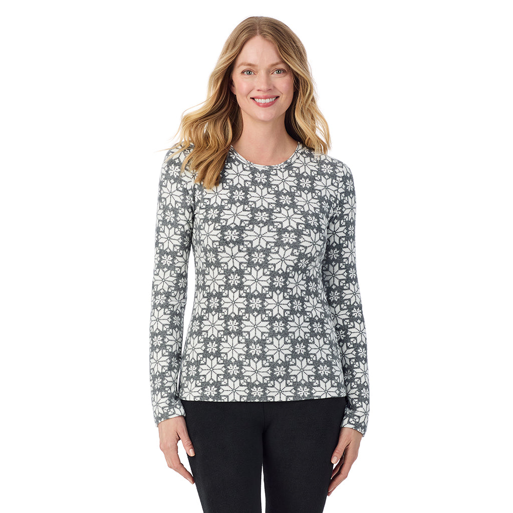 A lady wearing Charcoal Heather Nordic long sleeve crew