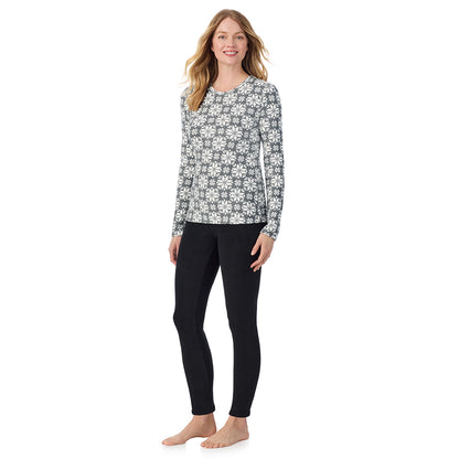 Charcoal Heather Nordic; Model is wearing size S. She is 5'11", Bust 33", Waist 24", Hips 34".@A lady wearing Charcoal Heather Nordic long sleeve crew