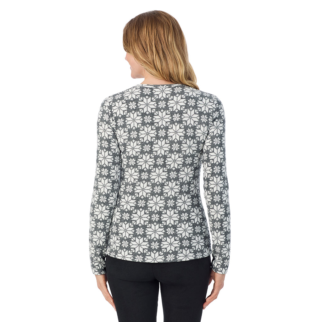 A lady wearing Charcoal Heather Nordic long sleeve crew