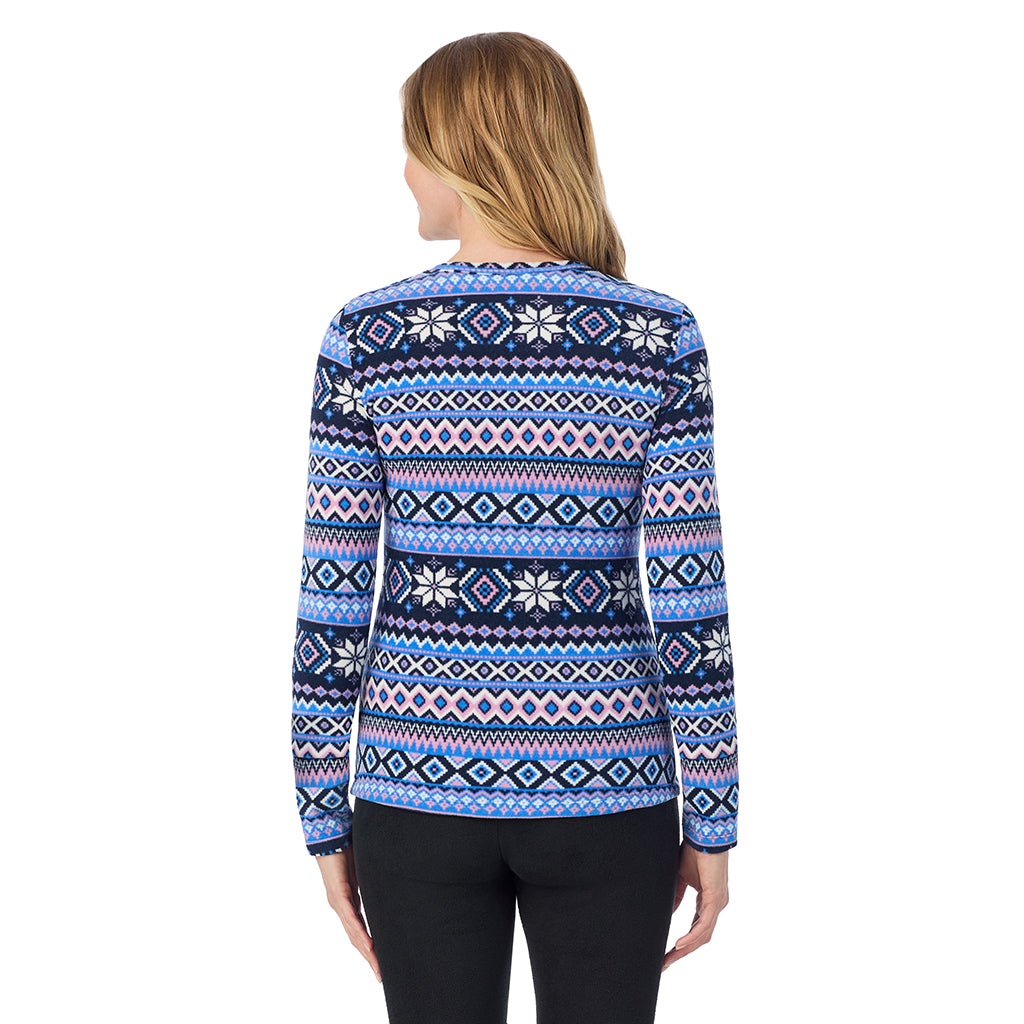 Blue Fairisle; Model is wearing size S. She is 5'11", Bust 33", Waist 24", Hips 34".@ A Lady is wearing a Blue Fairisle Fleecewear With Stretch Long Sleeve Crew TALL !94% Recycled Polyester, 6% Spandex!