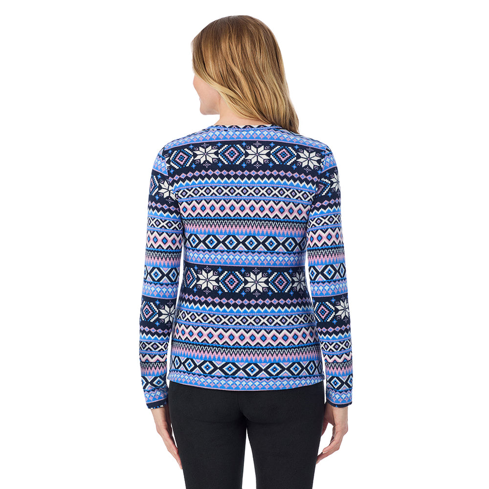A Lady is wearing a Blue Fairisle Fleecewear With Stretch Long Sleeve Crew TALL !94% Recycled Polyester, 6% Spandex!