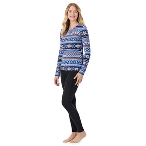 A lady wearing Blue Fairisle long sleeve crew