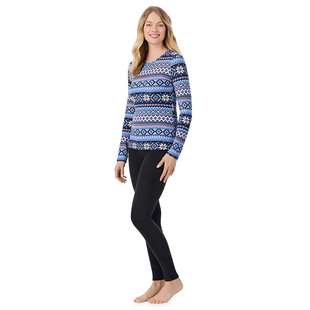  A Lady is wearing a Blue Fairisle Fleecewear With Stretch Long Sleeve Crew TALL !94% Recycled Polyester, 6% Spandex!