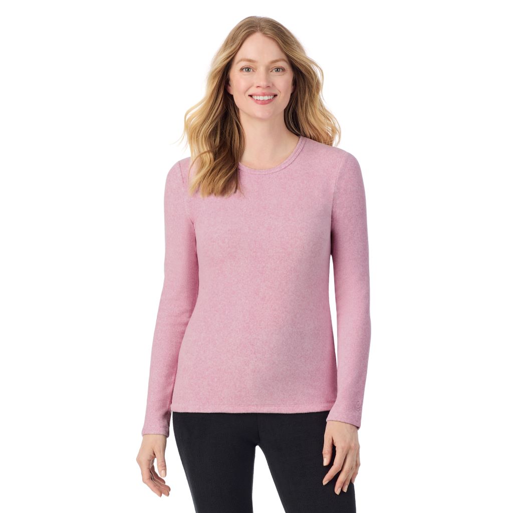 A lady wearing Mauve Mist Heather long sleeve crew