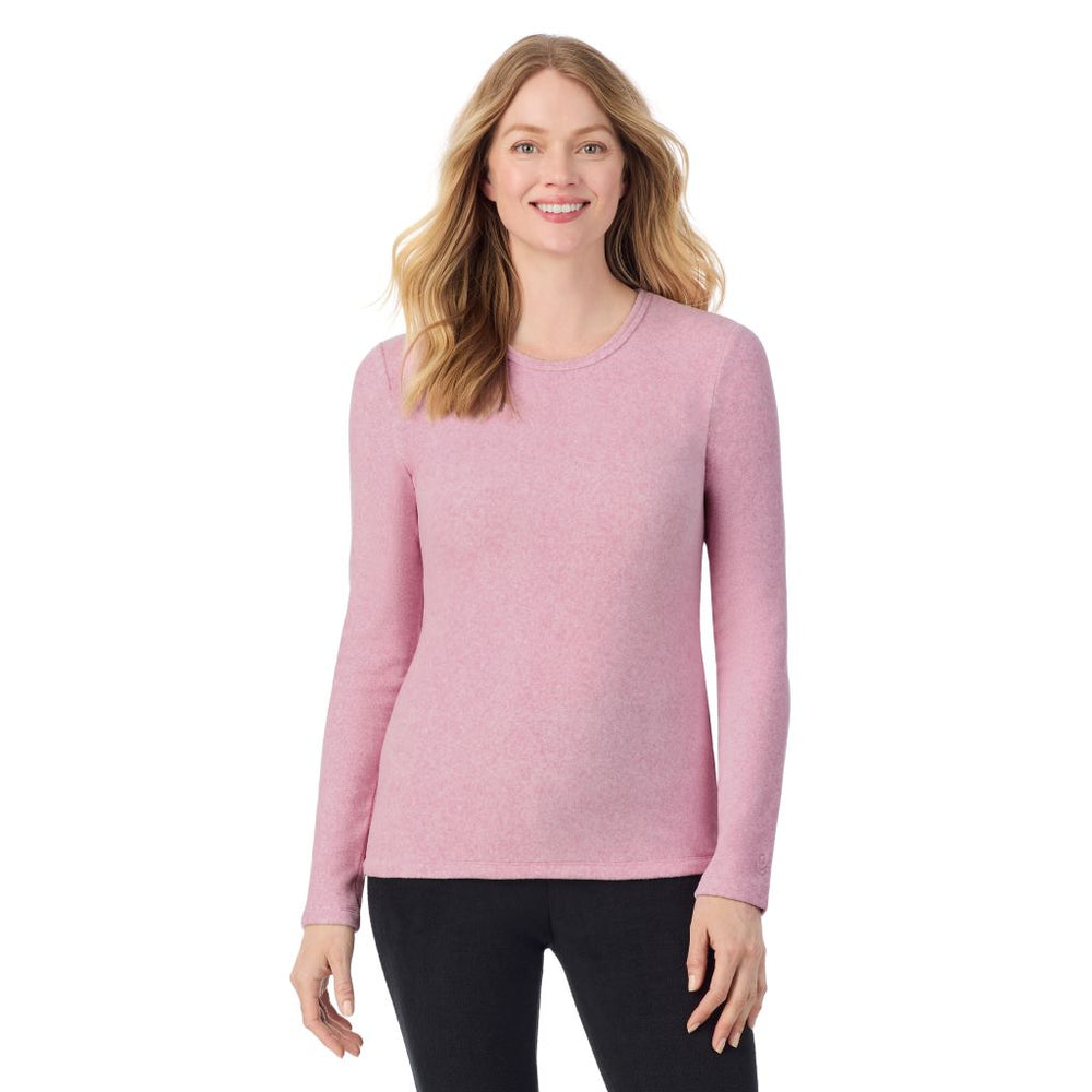 A lady wearing Mauve Mist Heather long sleeve crew