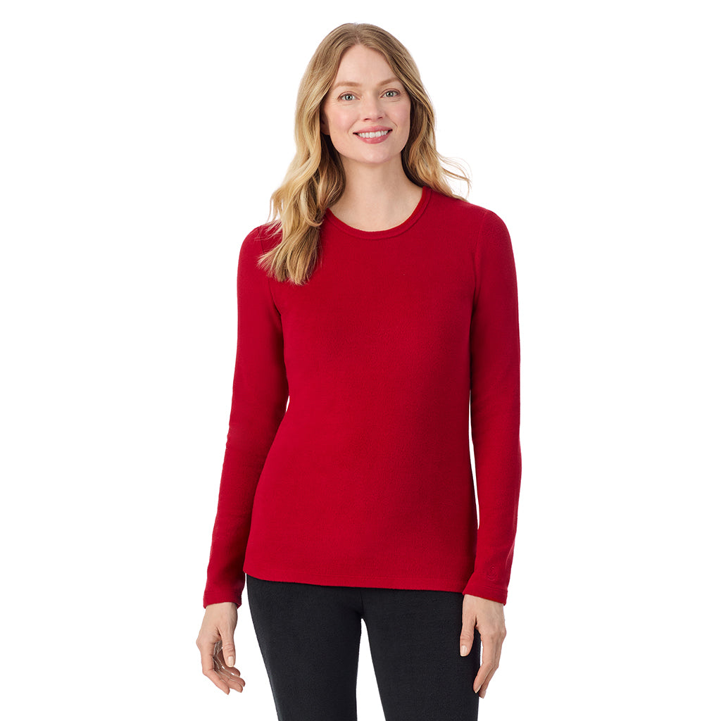 A lady wearing Scarlet long sleeve crew