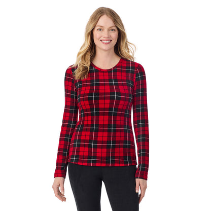 Red/ Black Tartan; Model is wearing size S. She is 5'11", Bust 33", Waist 24", Hips 34".@A lady wearing Red/ Black Tartan long sleeve crew