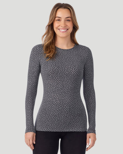 A lady wearing a Charcoal Polka Dot Plaid long sleeve stretch crew closer look