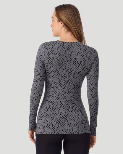 A lady wearing a Charcoal Polka Dot Plaid long sleeve stretch crew back look