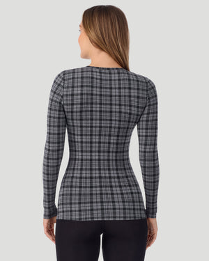 A lady wearing a Charcoal Tartan long sleeve stretch crew back closer look