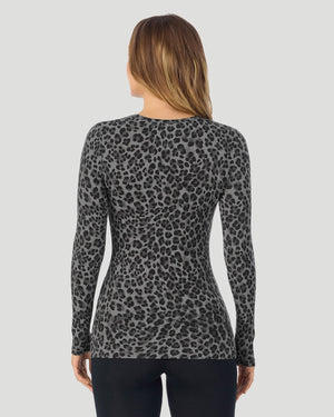 A lady wearing a Charcoal Leopard Plaid long sleeve stretch crew back look