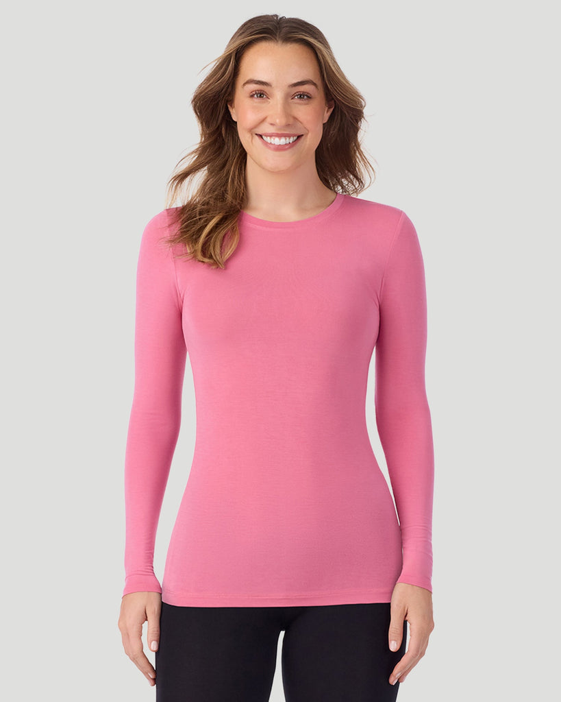 A lady wearing a Suede Pink Plaid long sleeve stretch crew closer look