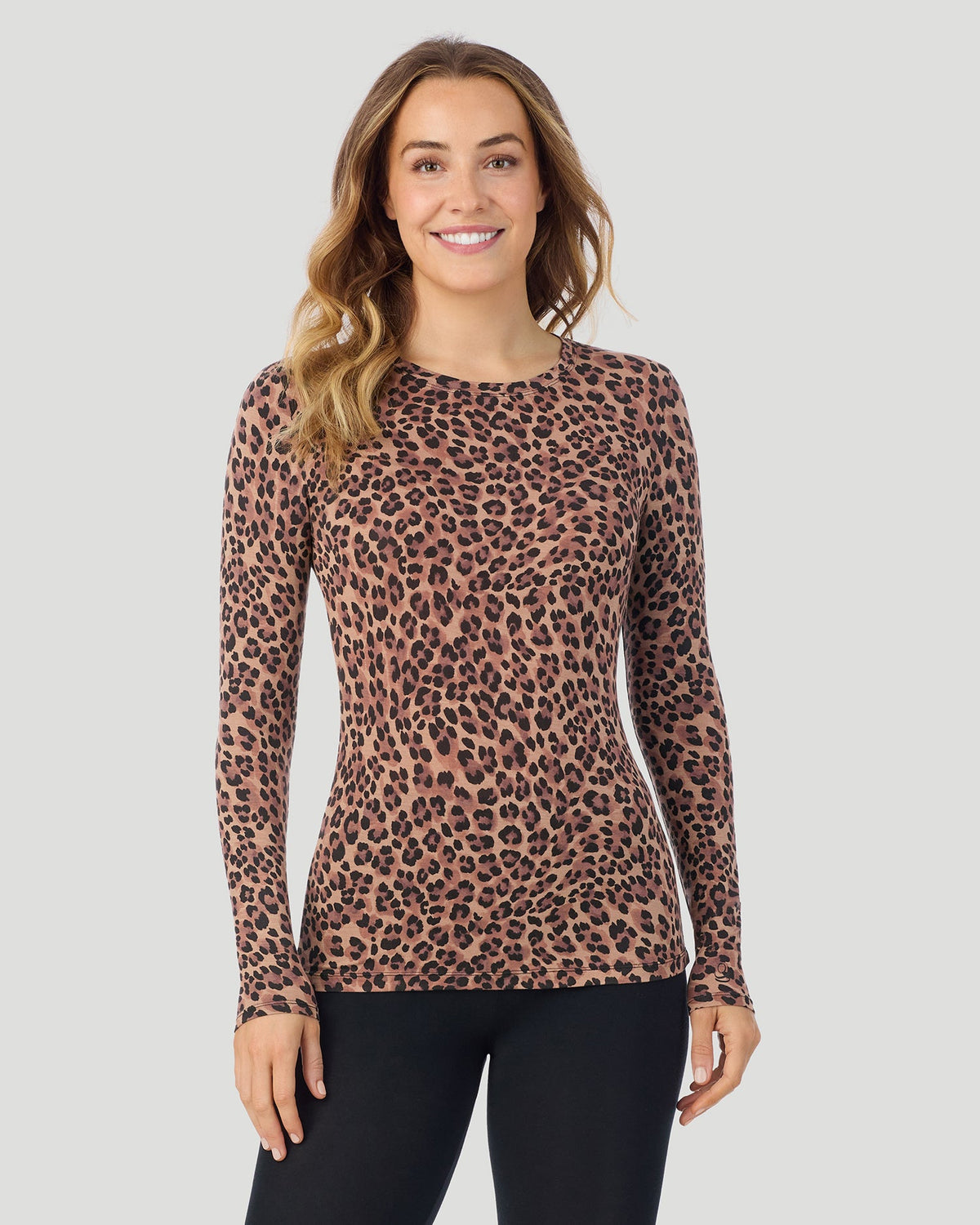 Taupe Leopard; Model is wearing size S. She is 5'11.5", Bust 34", Waist 26", Hips 37". @A lady wearing a Taupe Leopard Plaid long sleeve stretch crew closer look