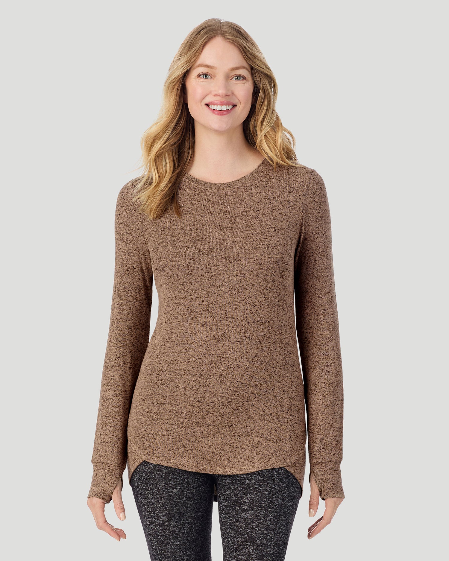  A Lady is wearing Marled Walnut Taupe SoftKnit Long Sleeve Crew in a front view closer look