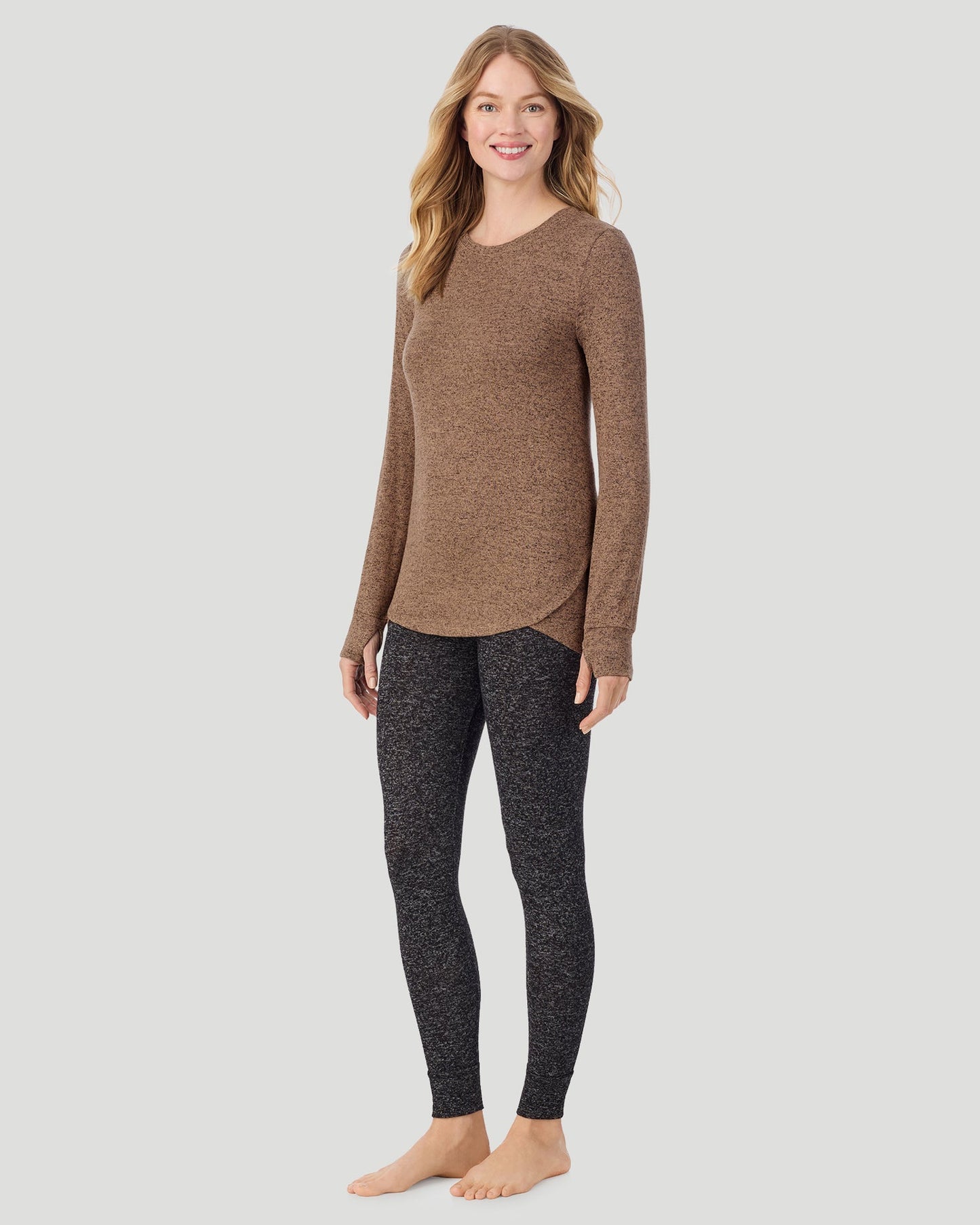 Marled Walnut Taupe; Model is wearing a size S. She is 5’9.5”, Bust 34”, Waist 25”, Hips 36.5”. @ A Lady is wearing Marled Walnut Taupe SoftKnit Long Sleeve Crew in a front view full standing look