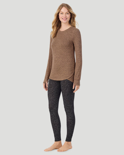  A Lady is wearing Marled Walnut Taupe SoftKnit Long Sleeve Crew in a front view full standing look
