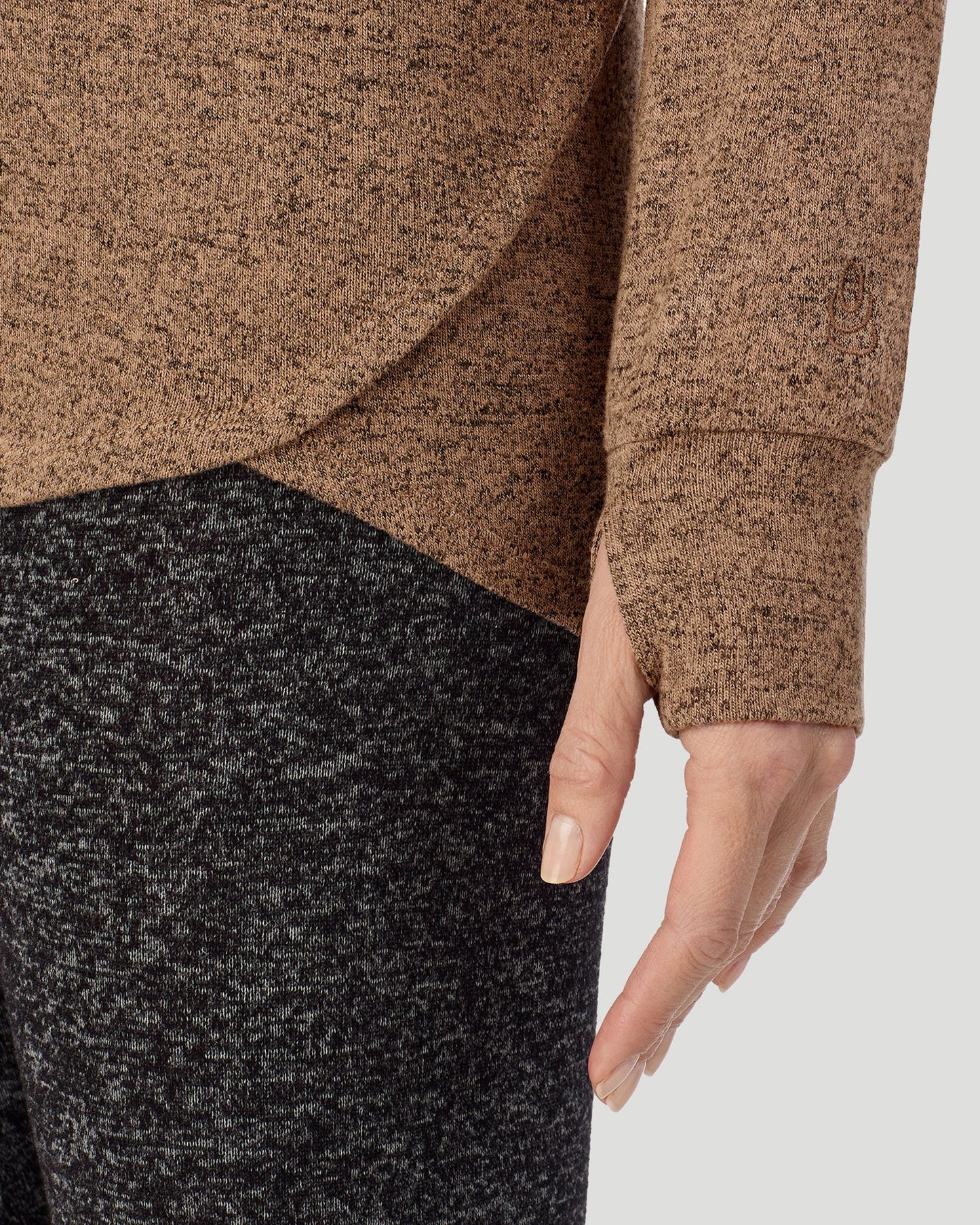 Marled Walnut Taupe; Model is wearing a size S. She is 5’9.5”, Bust 34”, Waist 25”, Hips 36.5”. @ A Lady is wearing Marled Walnut Taupe SoftKnit Long Sleeve Crew in a front view detail closer look