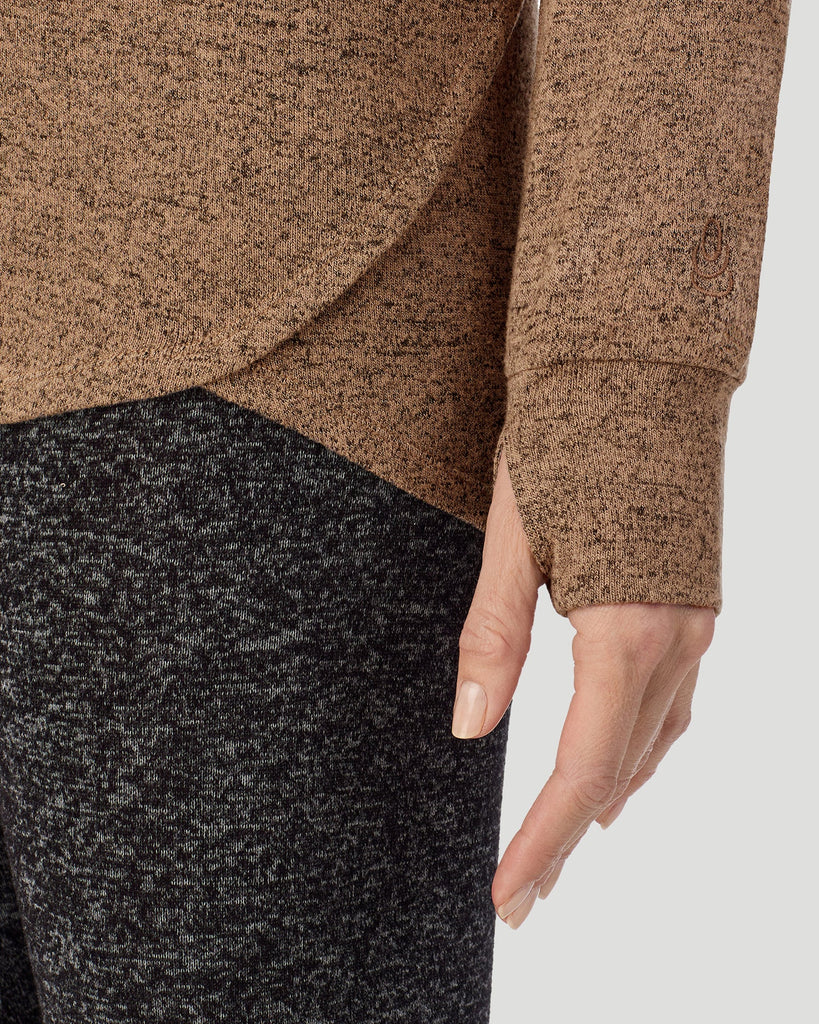  A Lady is wearing Marled Walnut Taupe SoftKnit Long Sleeve Crew in a front view detail closer look
