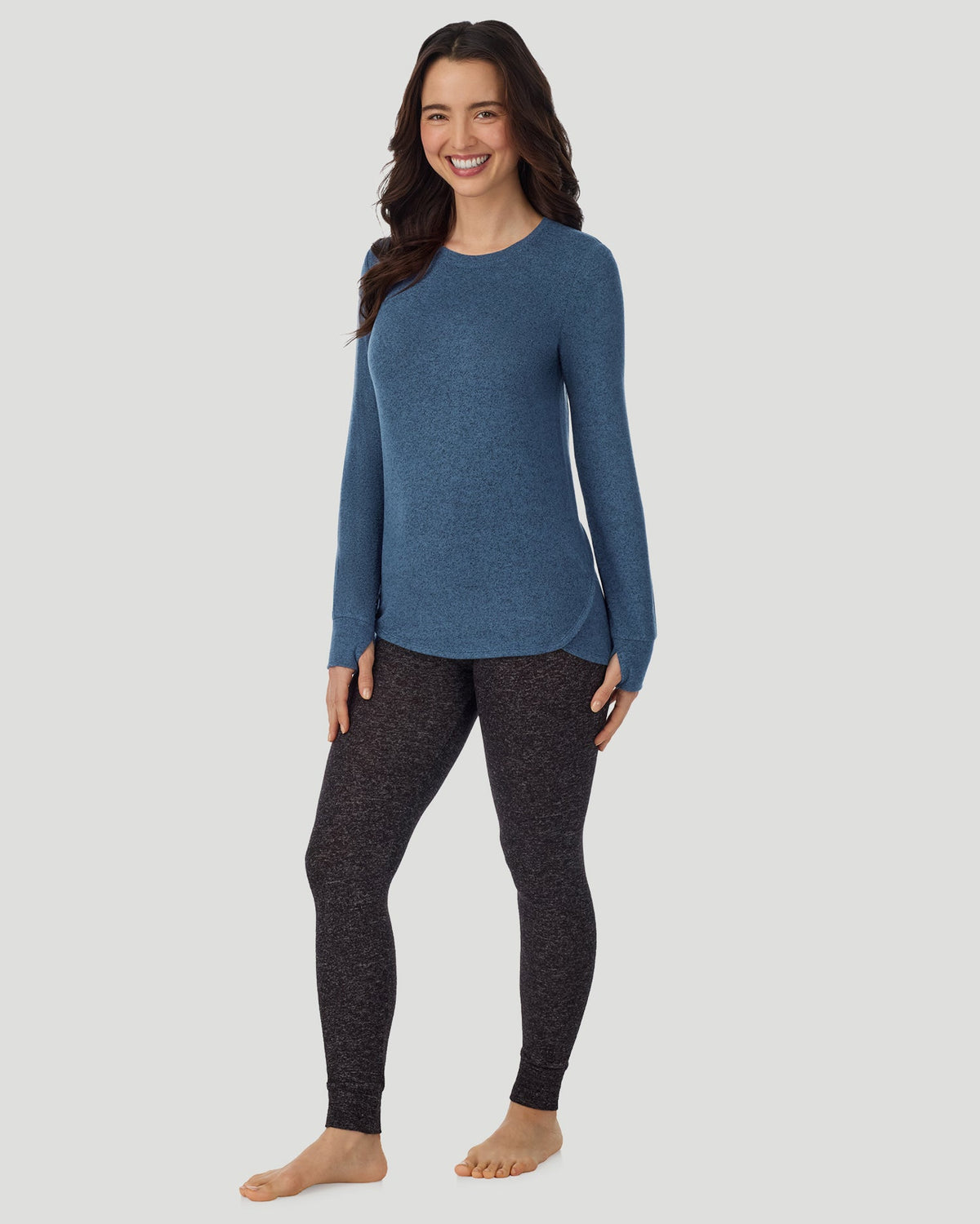  A Lady is wearing Deep Chambray SoftKnit Long Sleeve Crew in a front view standing look