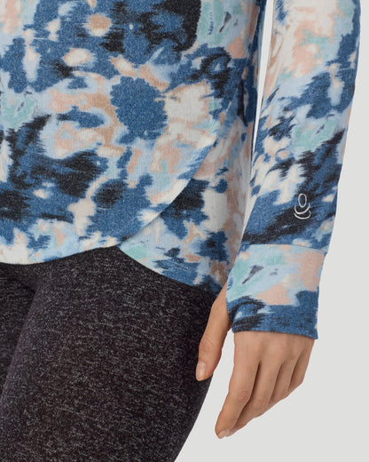  A Lady is wearing Blue Floral SoftKnit Long Sleeve Crew in a front view detail closer look