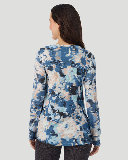  A Lady is wearing Blue Floral SoftKnit Long Sleeve Crew in a back view closer look
