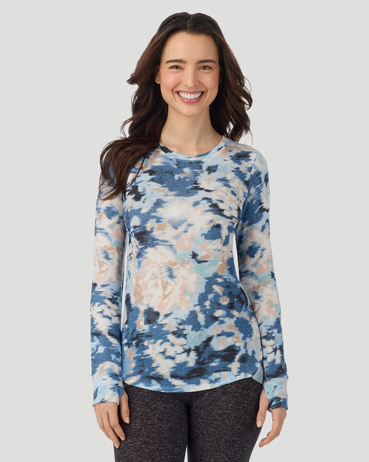  A Lady is wearing Blue Floral SoftKnit Long Sleeve Crew in a front view closer look