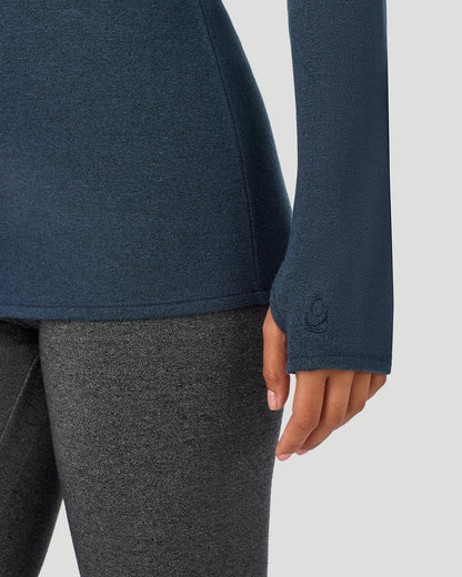  A Lady is wearing Deep Chambray Ultra Cozy Long Sleeve Crew in a front closer view pose