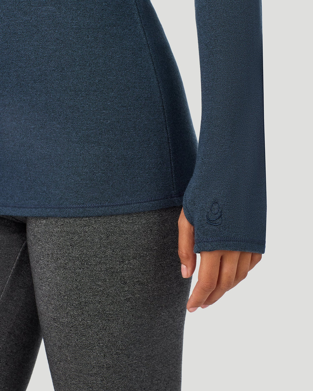A Lady is wearing Deep Chambray Ultra Cozy Long Sleeve Crew in a front closer view pose