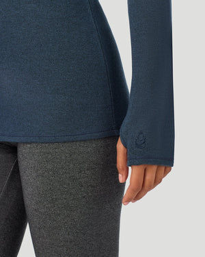  A Lady is wearing Deep Chambray Ultra Cozy Long Sleeve Crew in a front closer view pose