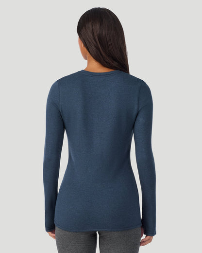  A Lady is wearing Deep Chambray Ultra Cozy Long Sleeve Crew in a back view pose