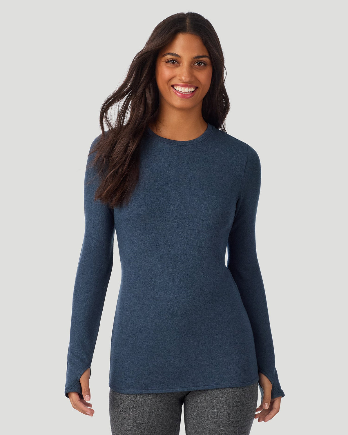 Deep Chambray; Model is wearing a size S. She is 5’7”, Bust 32”, Waist 25”, Hips 34”. @ A Lady is wearing Deep Chambray Ultra Cozy Long Sleeve Crew in a front view pose
